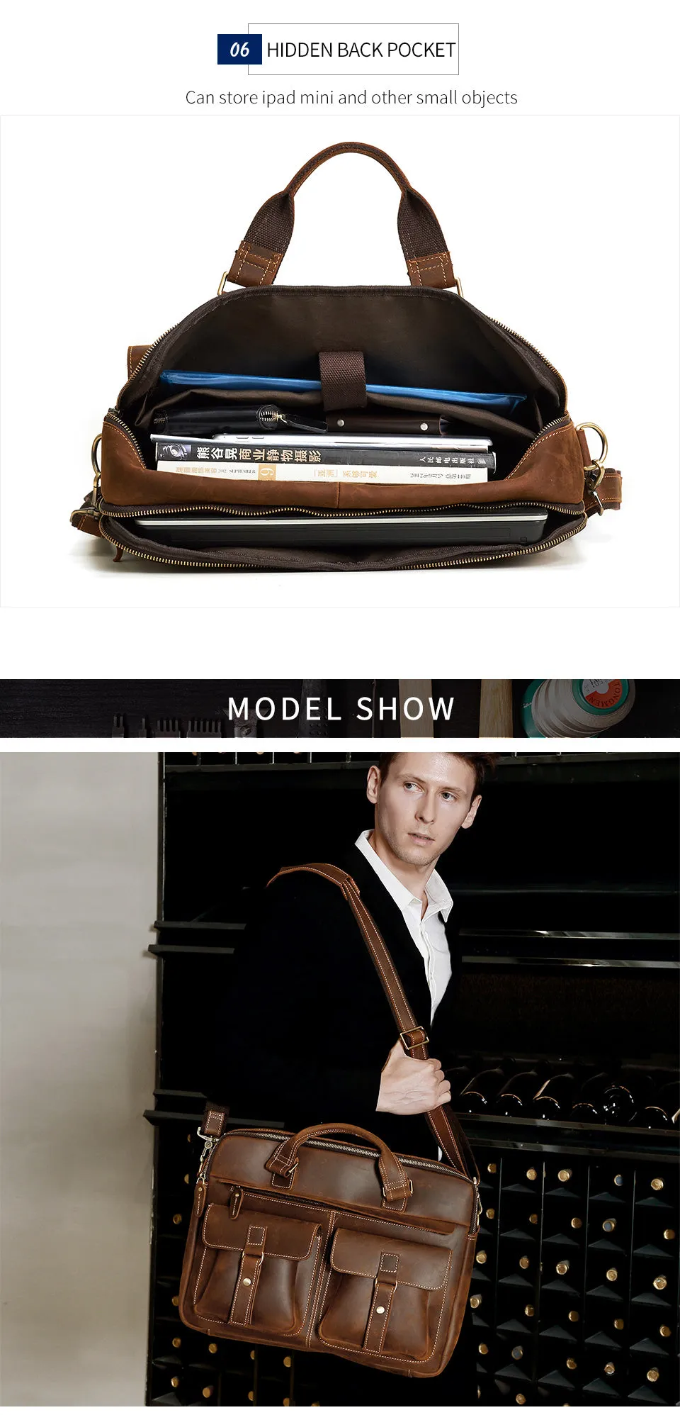 17 Inch Vintage Fashion Cow Leather Tote Business Hand Bags for Men