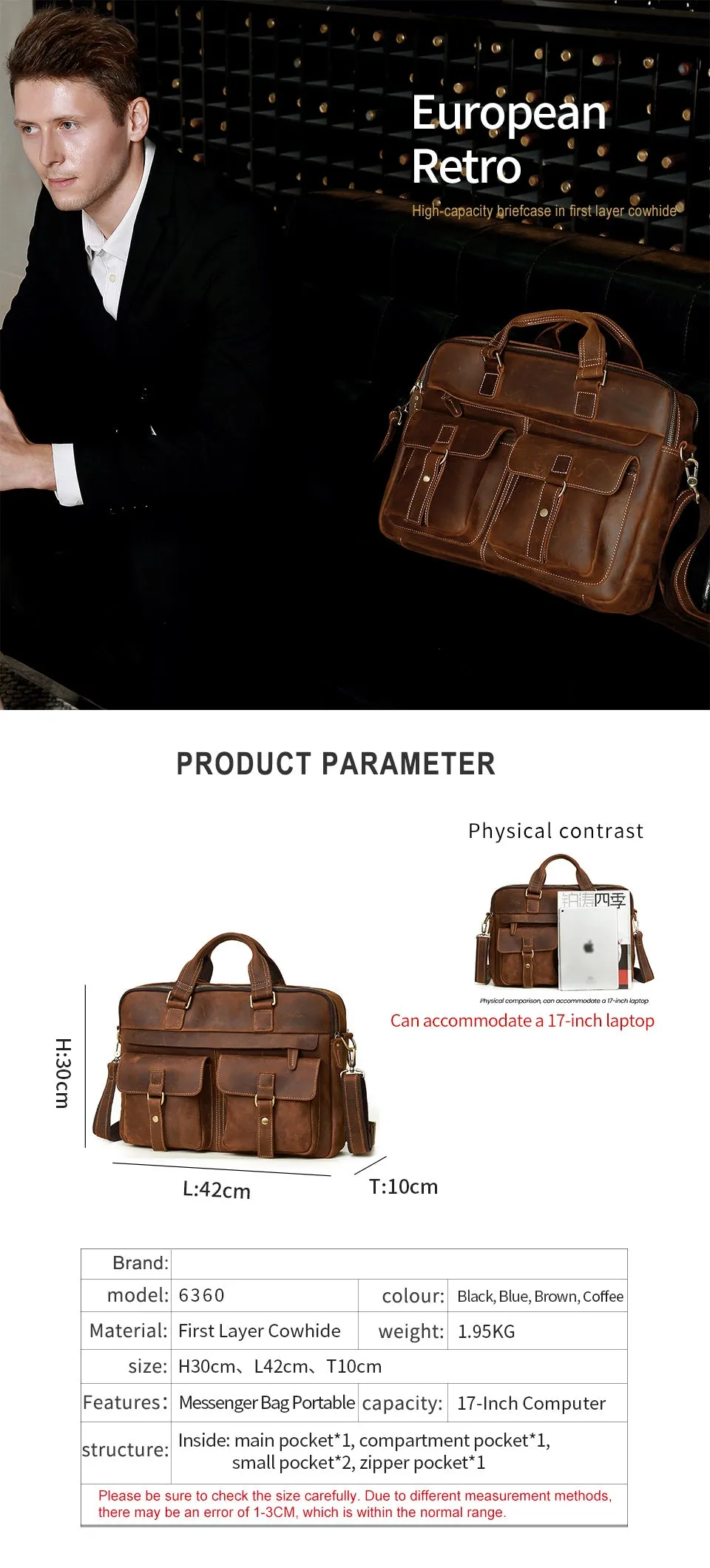 17 Inch Vintage Fashion Cow Leather Tote Business Hand Bags for Men