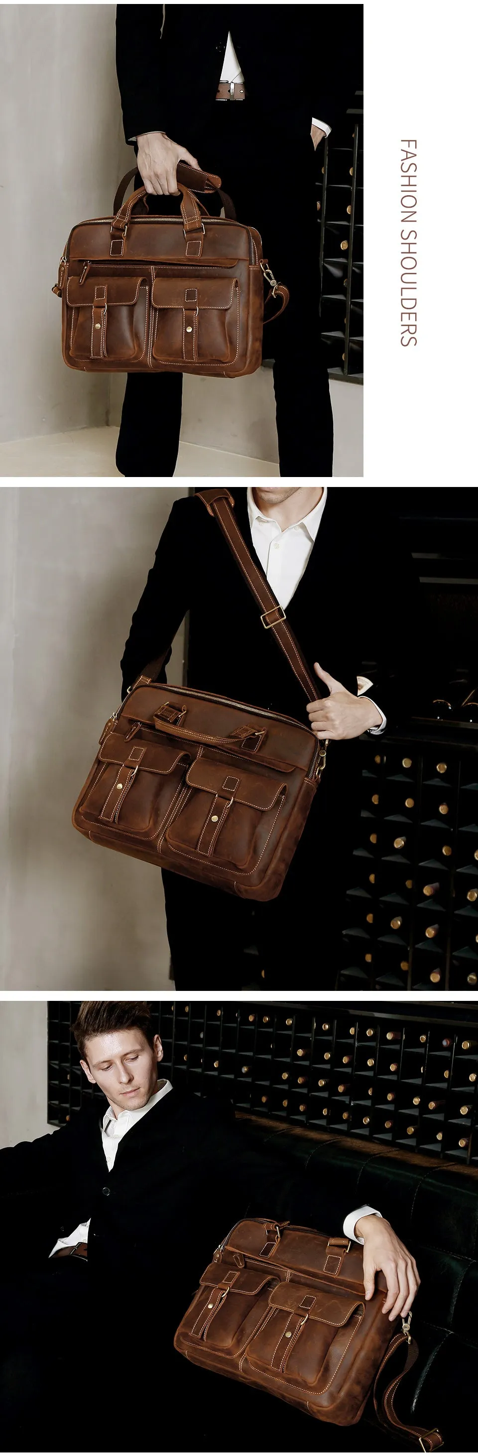 17 Inch Vintage Fashion Cow Leather Tote Business Hand Bags for Men