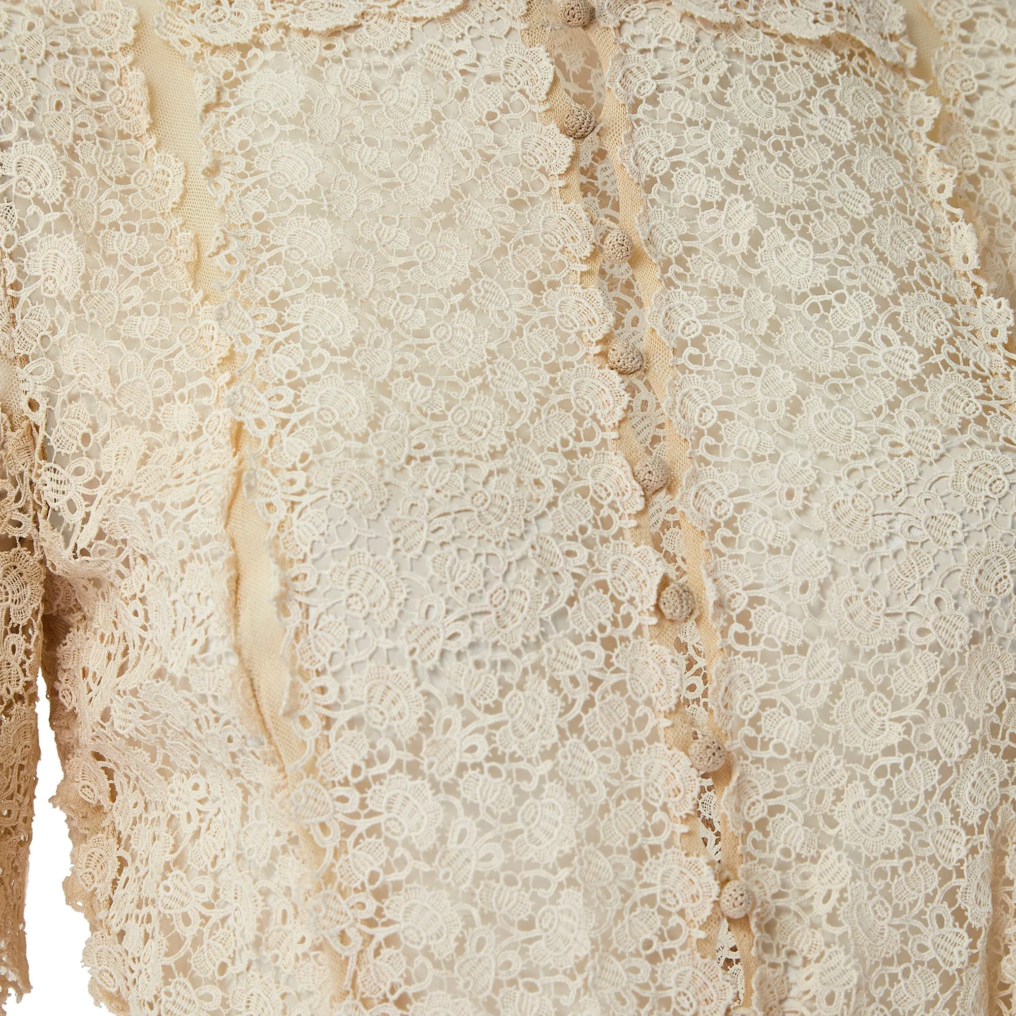 1930s Cream Lace and Tulle Blouse with Crochet Buttons