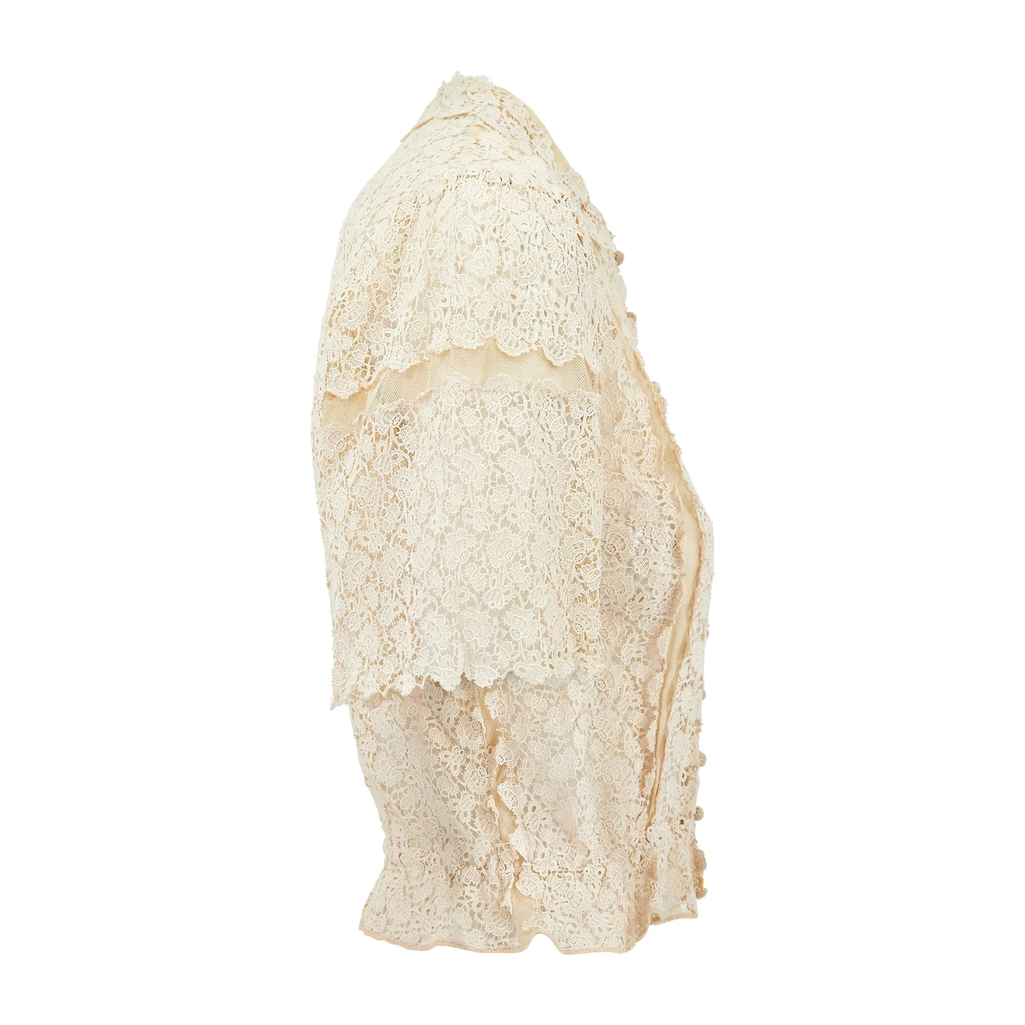 1930s Cream Lace and Tulle Blouse with Crochet Buttons