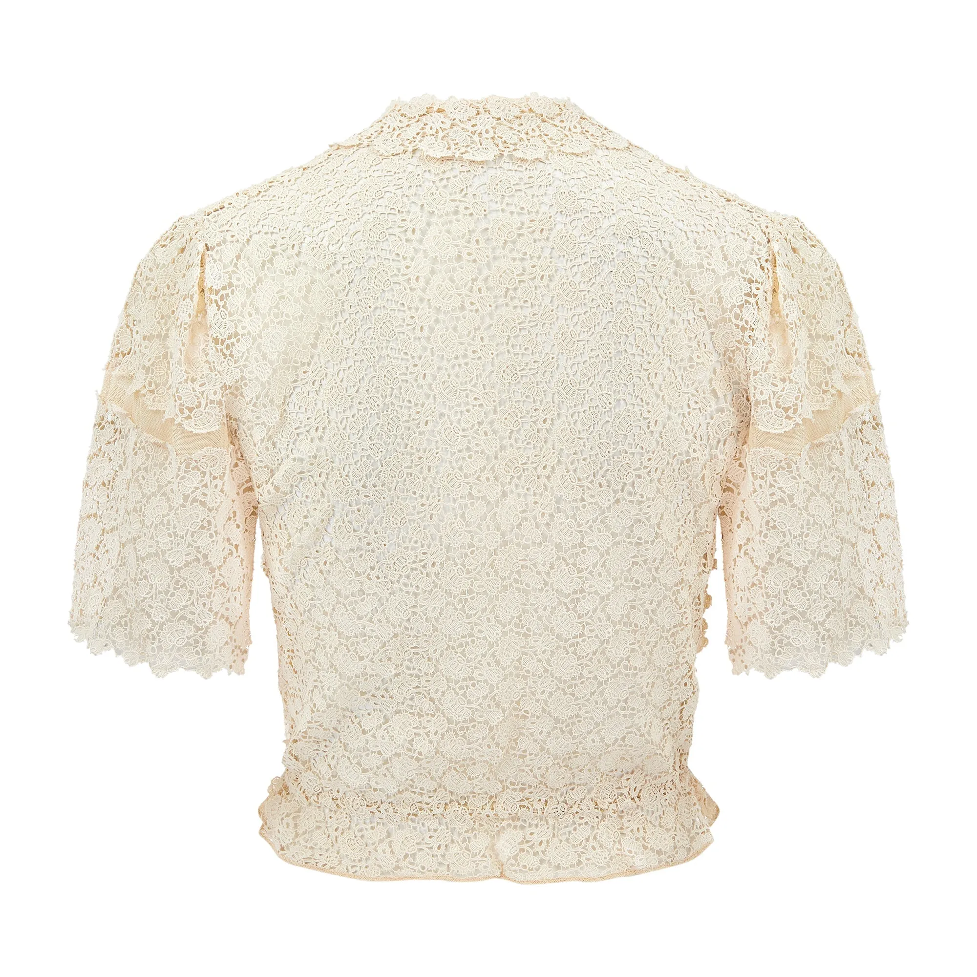 1930s Cream Lace and Tulle Blouse with Crochet Buttons
