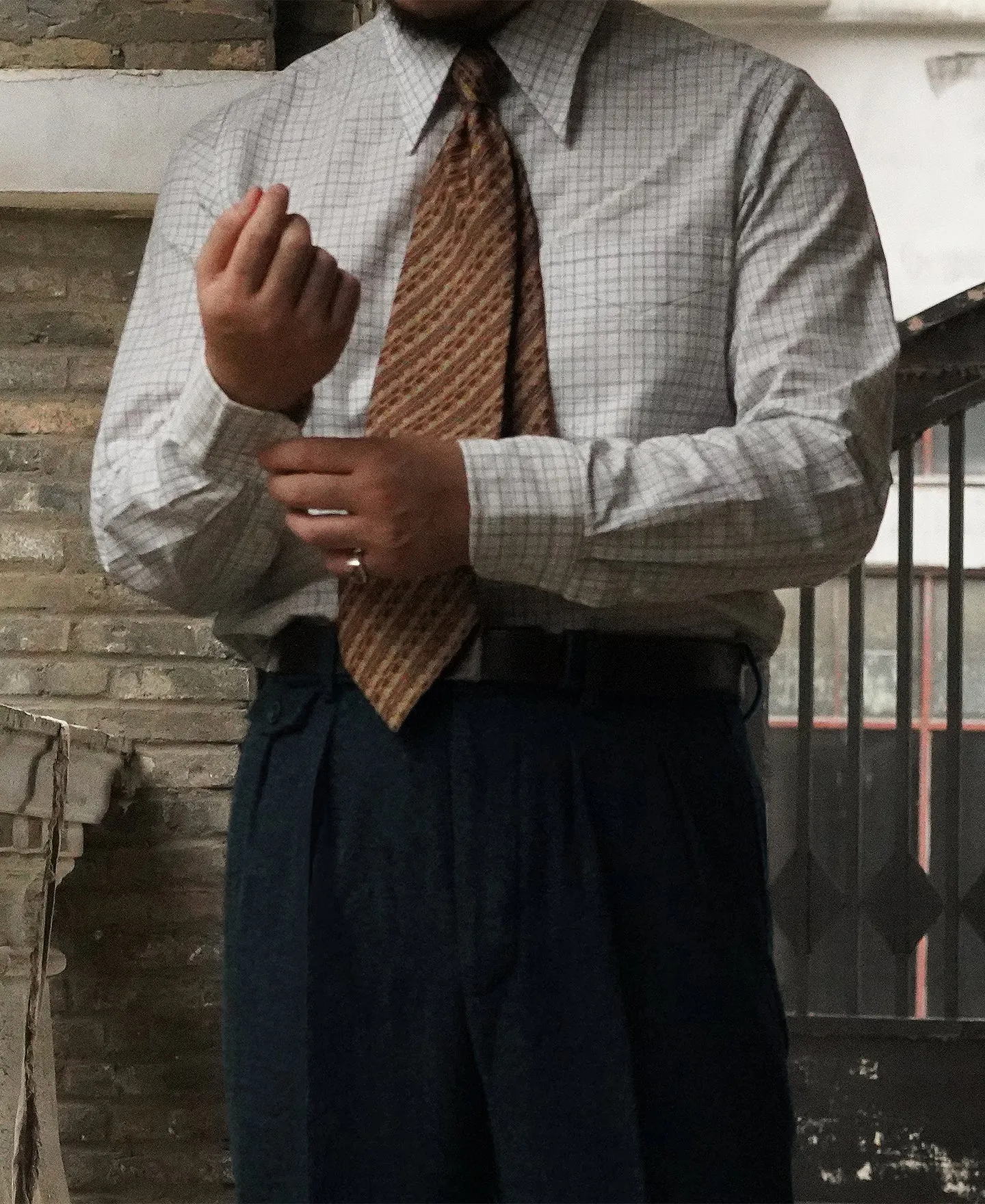 1930s Dobby Grid Check Spearpoint Collar Dress Shirt