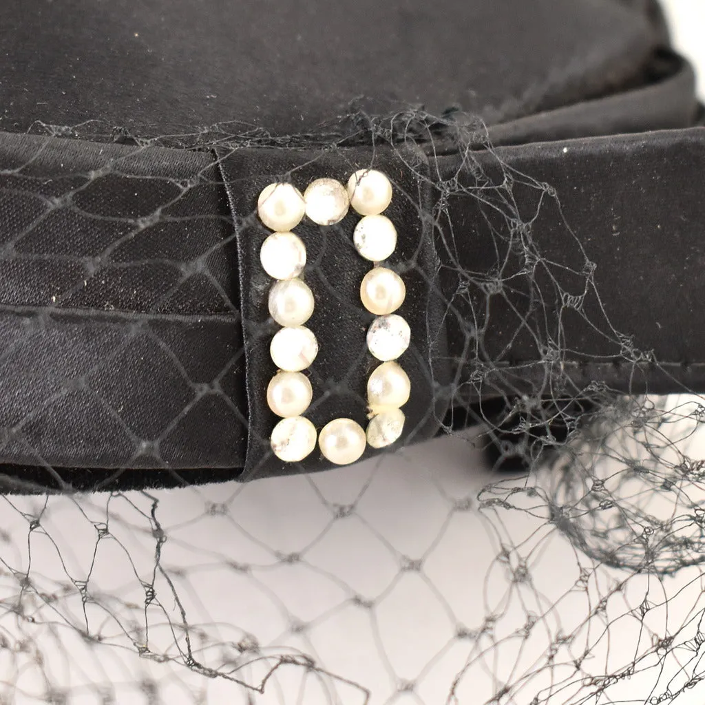 1950s Black Satin Vintage Pearl Hat