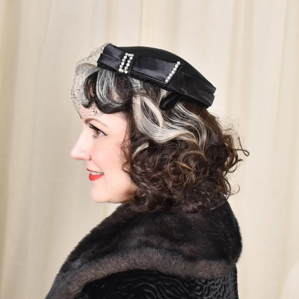 1950s Black Satin Vintage Pearl Hat