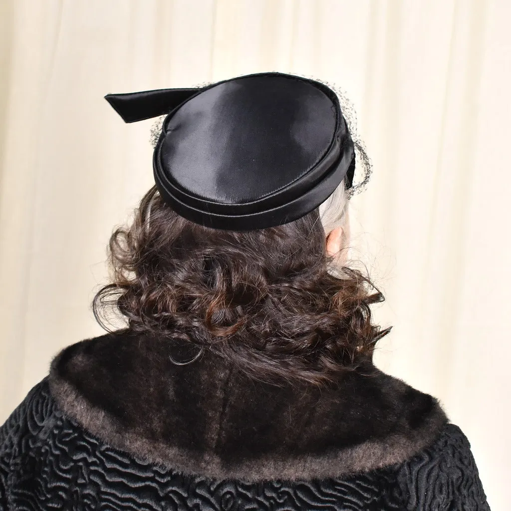1950s Black Satin Vintage Pearl Hat