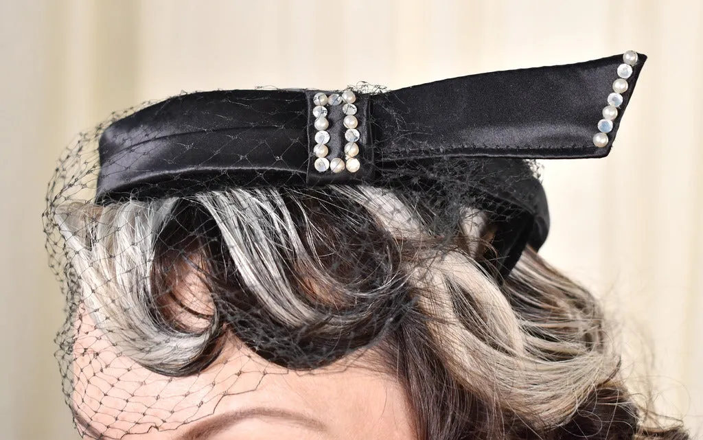 1950s Black Satin Vintage Pearl Hat