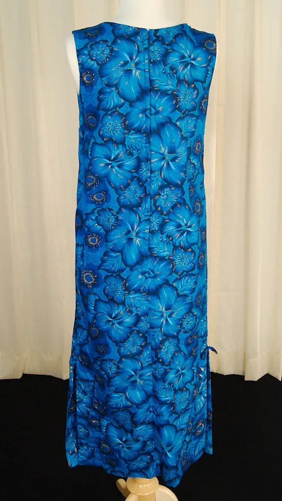 1950s Blue Hibiscus Maxi Dress