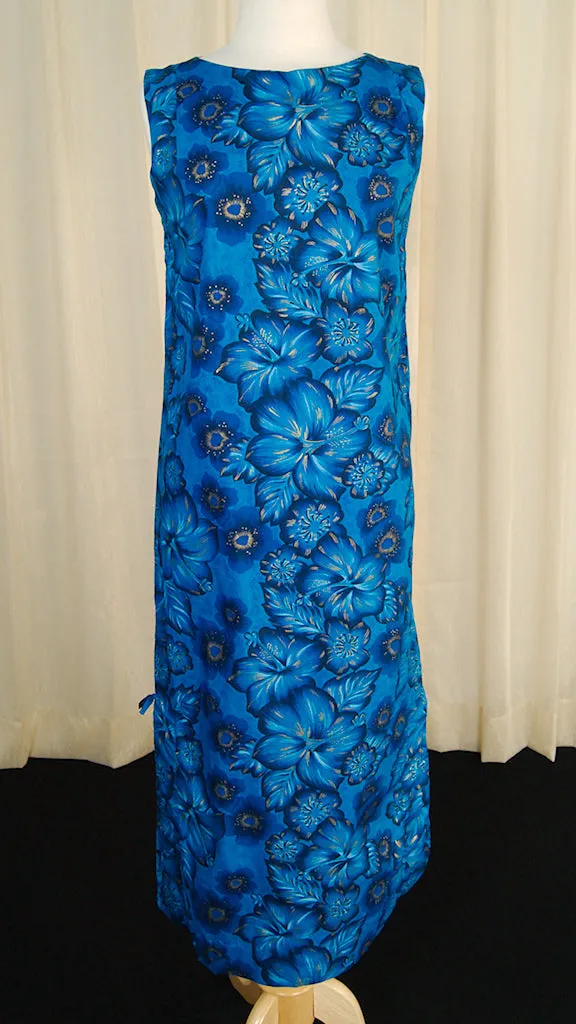 1950s Blue Hibiscus Maxi Dress