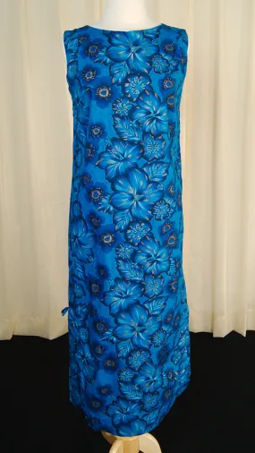 1950s Blue Hibiscus Maxi Dress