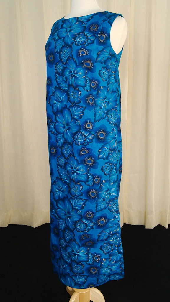 1950s Blue Hibiscus Maxi Dress