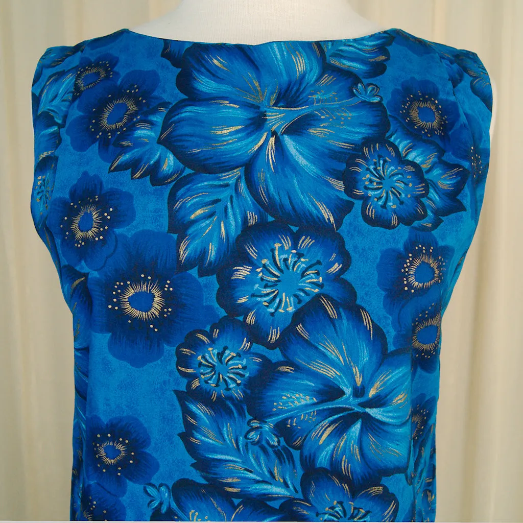 1950s Blue Hibiscus Maxi Dress