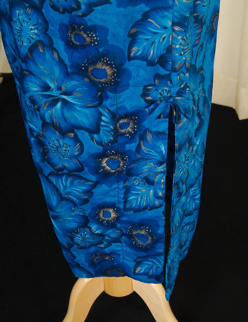1950s Blue Hibiscus Maxi Dress