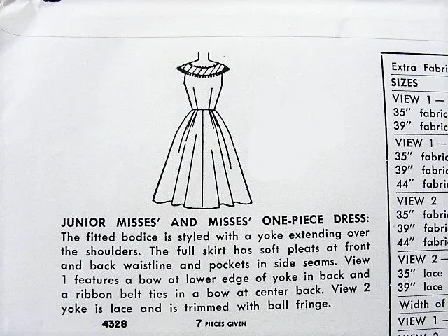 50s LOVELY Day or Party Dress Pattern SIMPLICITY 4328 Round Yoke Sun or Cocktail Dress Bust 29 Vintage Sewing Pattern