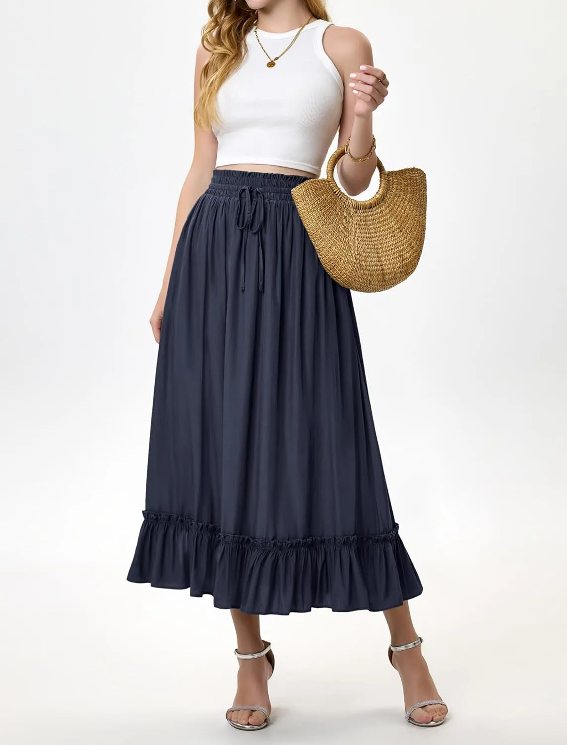 Arolina Women’s Summer Boho Flowy Tiered Maxi Skirt 2025 Fashion Elastic Waist Pleated Long Beach Dress with Pockets