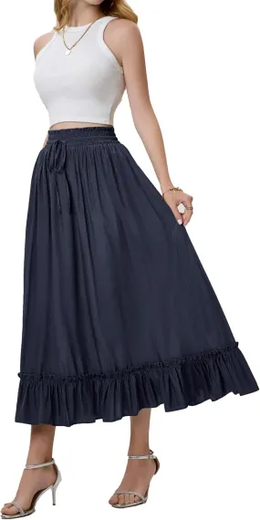 Arolina Women’s Summer Boho Flowy Tiered Maxi Skirt 2025 Fashion Elastic Waist Pleated Long Beach Dress with Pockets
