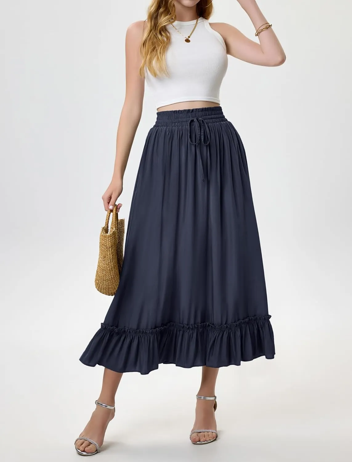Arolina Women’s Summer Boho Flowy Tiered Maxi Skirt 2025 Fashion Elastic Waist Pleated Long Beach Dress with Pockets