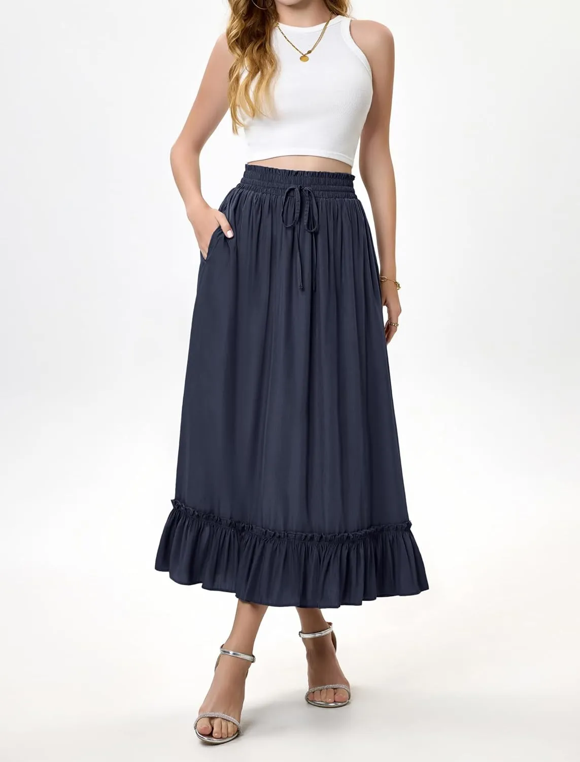 Arolina Women’s Summer Boho Flowy Tiered Maxi Skirt 2025 Fashion Elastic Waist Pleated Long Beach Dress with Pockets