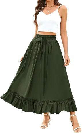 Arolina Women’s Summer Boho Flowy Tiered Maxi Skirt 2025 Fashion Elastic Waist Pleated Long Beach Dress with Pockets