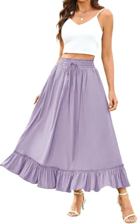 Arolina Women’s Summer Boho Flowy Tiered Maxi Skirt 2025 Fashion Elastic Waist Pleated Long Beach Dress with Pockets