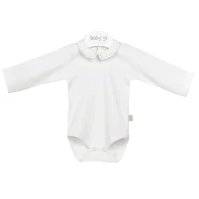 Baby Gi White Long Sleeved Bodysuit with Blue Polka Dot Collar