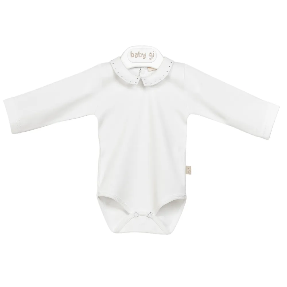 Baby Gi White Long Sleeved Bodysuit with Blue Polka Dot Collar