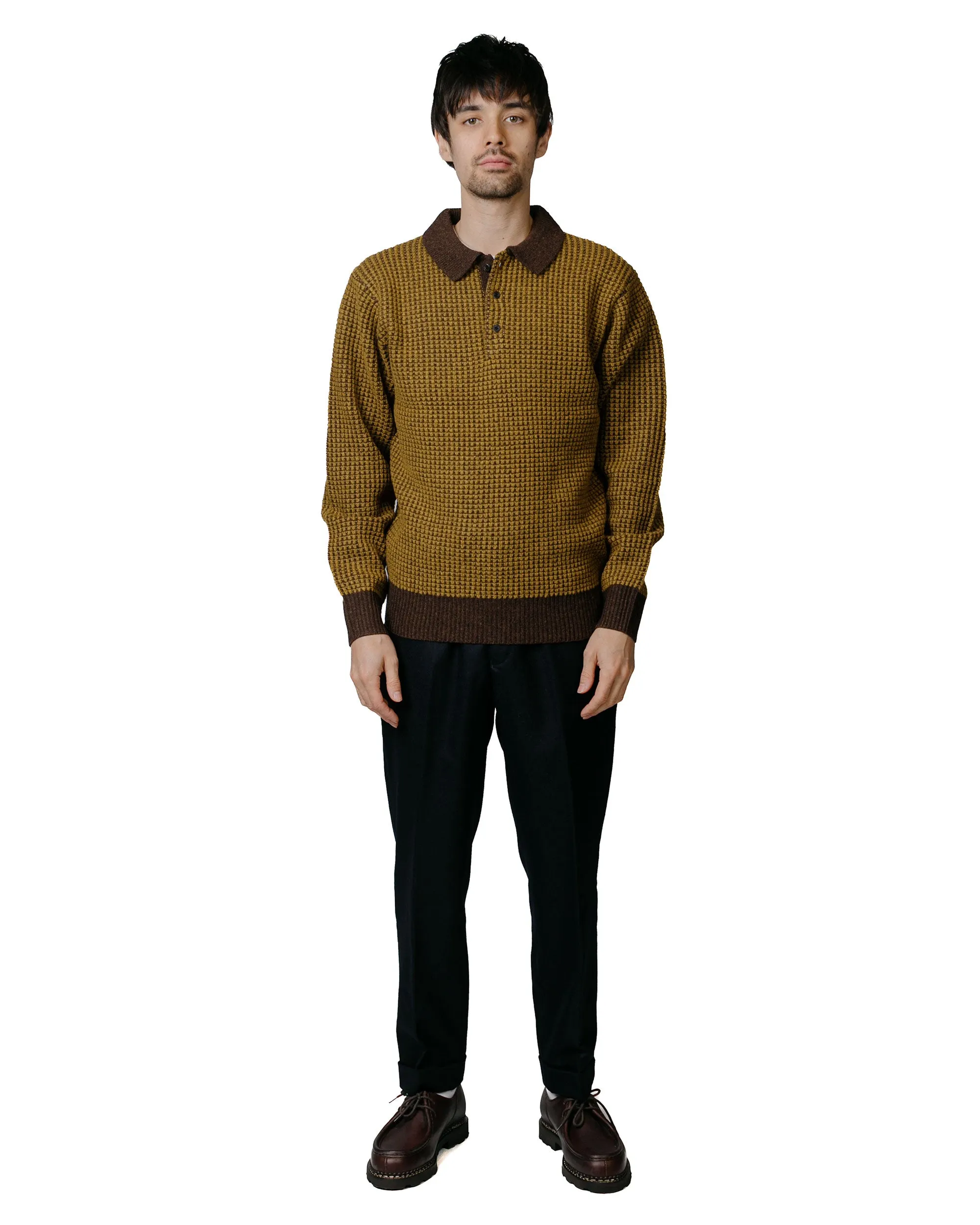 Beams Plus Knit Polo Crochet-Like Brown/Mustard