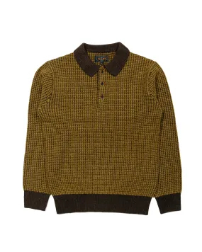 Beams Plus Knit Polo Crochet-Like Brown/Mustard