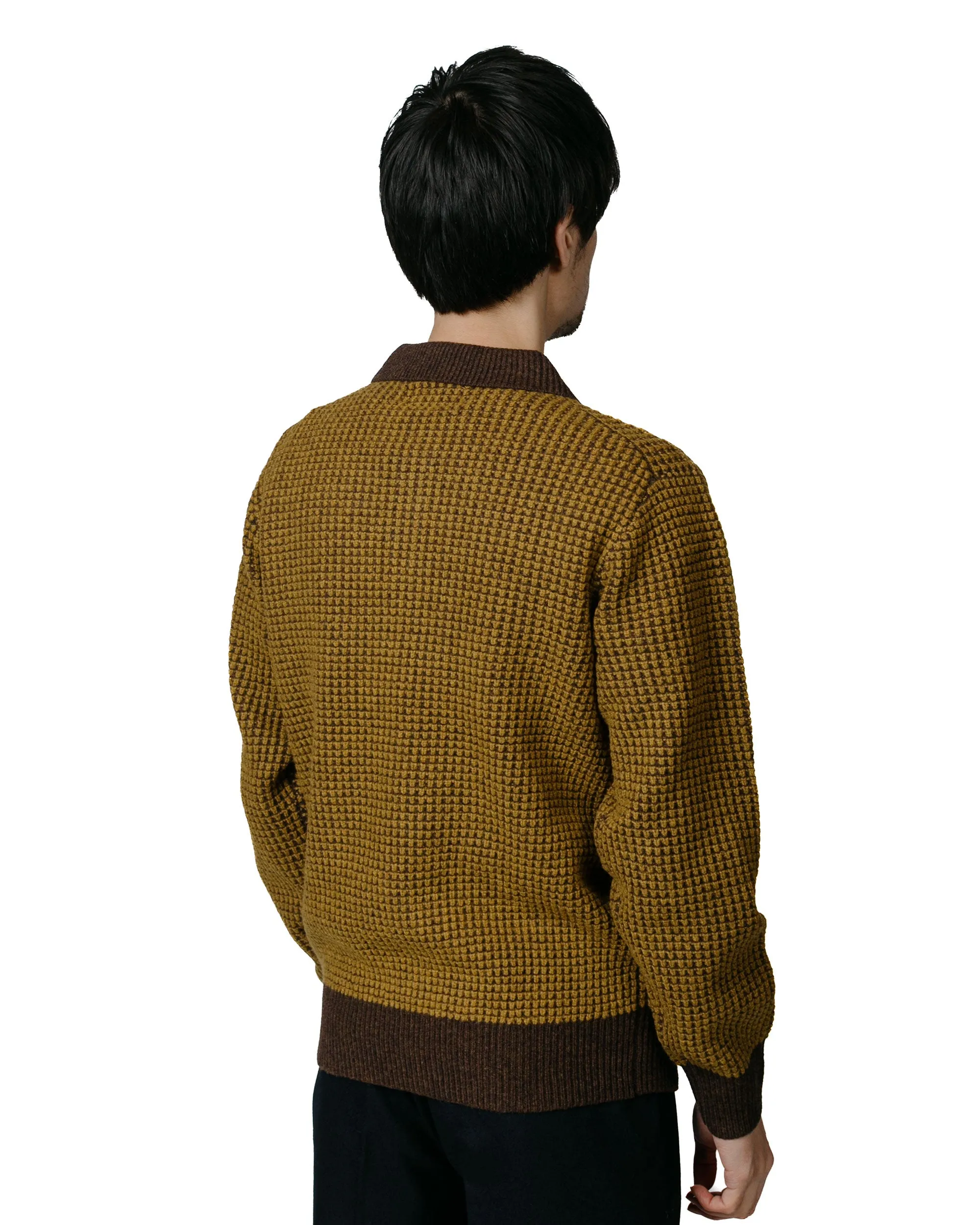 Beams Plus Knit Polo Crochet-Like Brown/Mustard