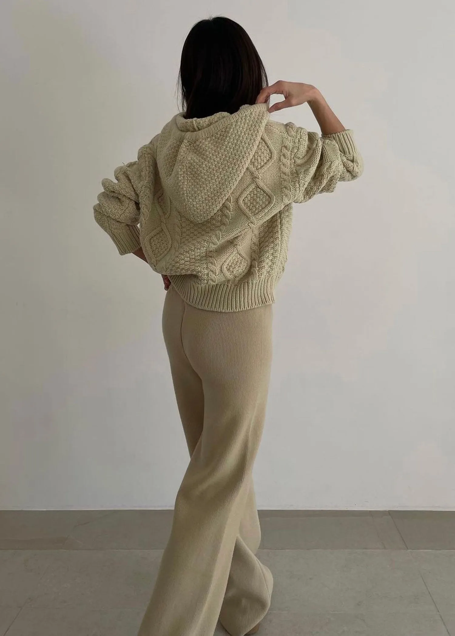 Cable Knit Hoodie in Beige