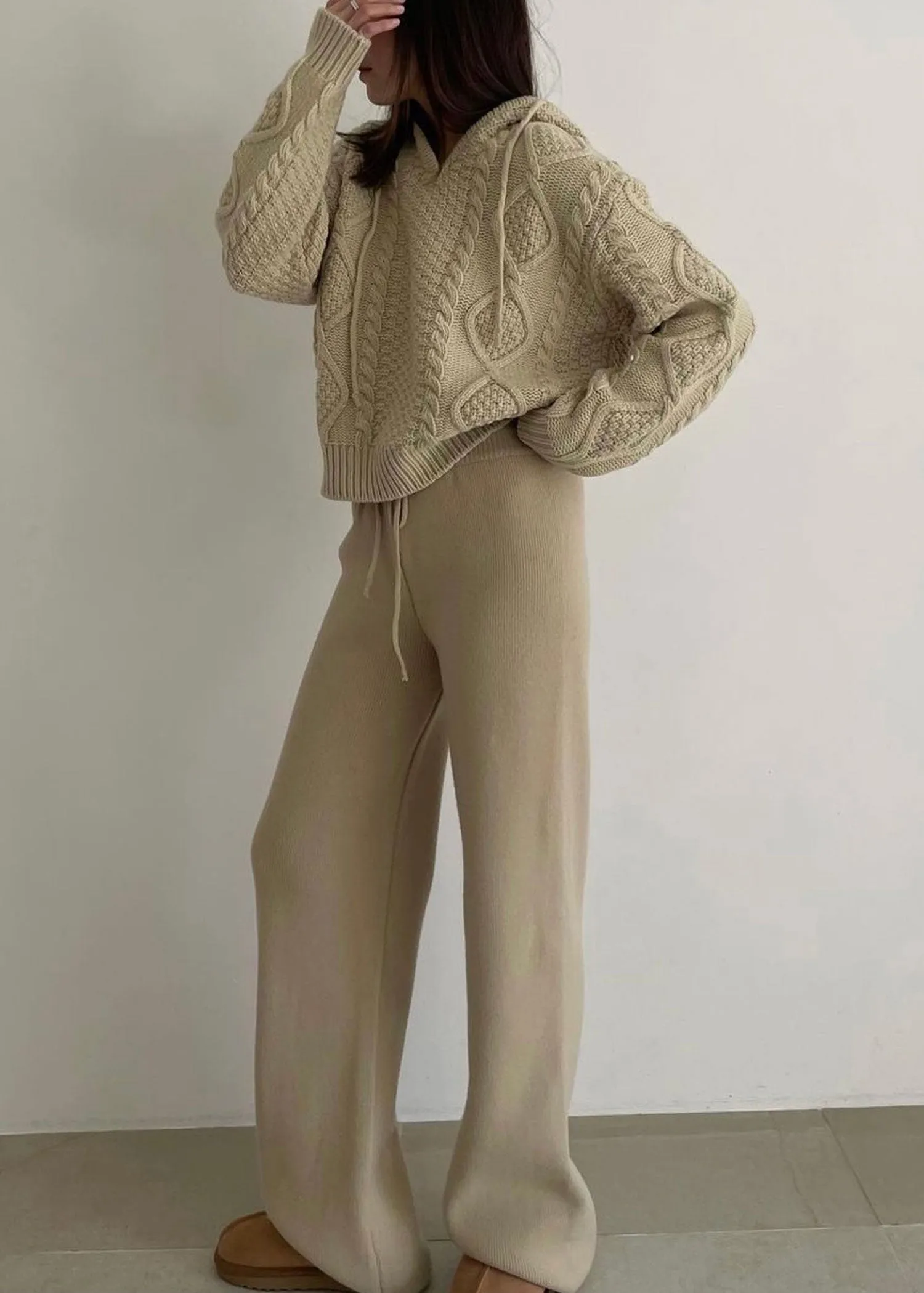 Cable Knit Hoodie in Beige