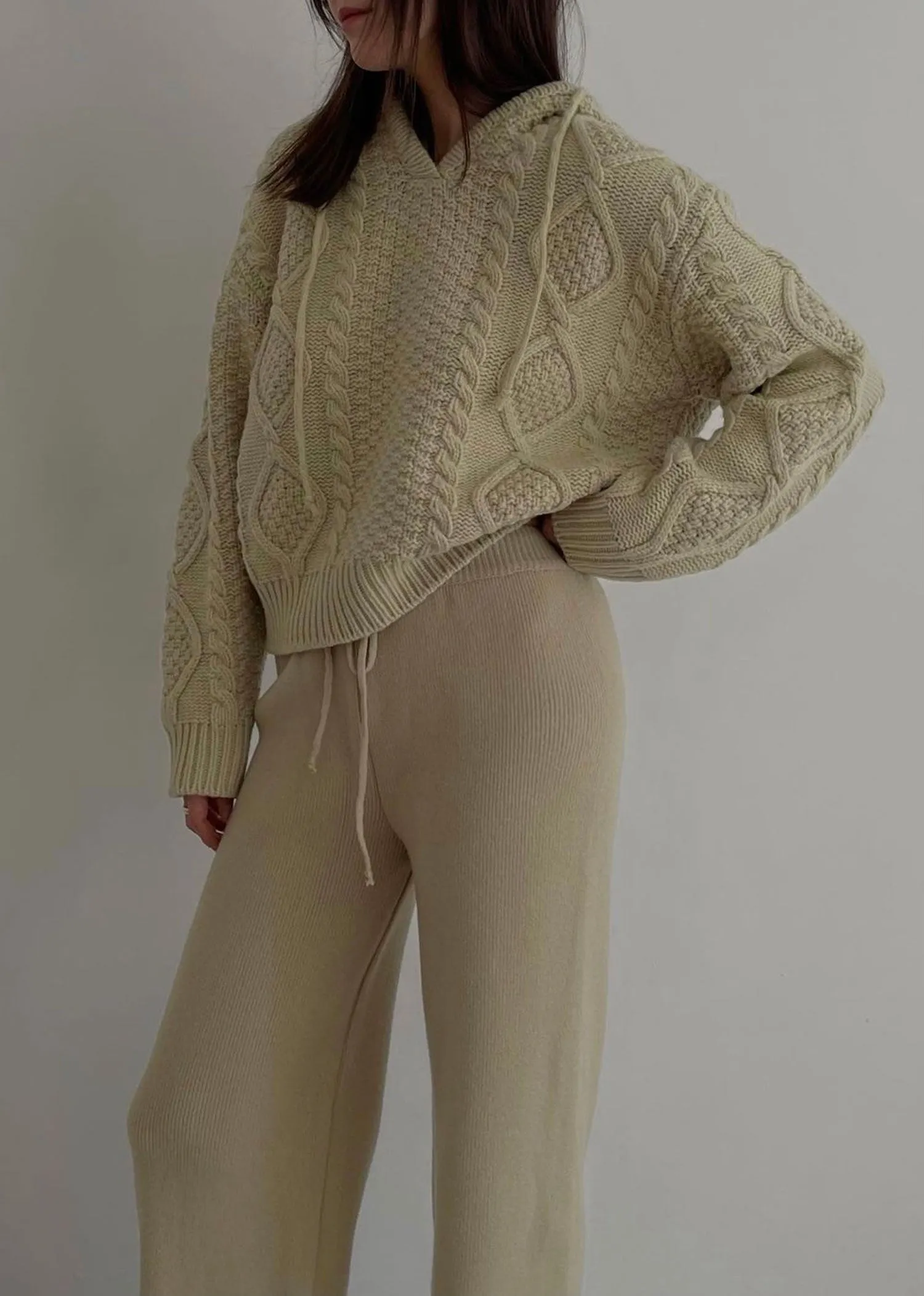 Cable Knit Hoodie in Beige