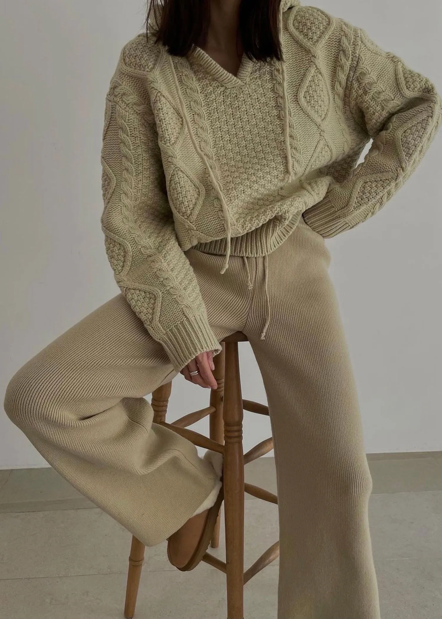Cable Knit Hoodie in Beige