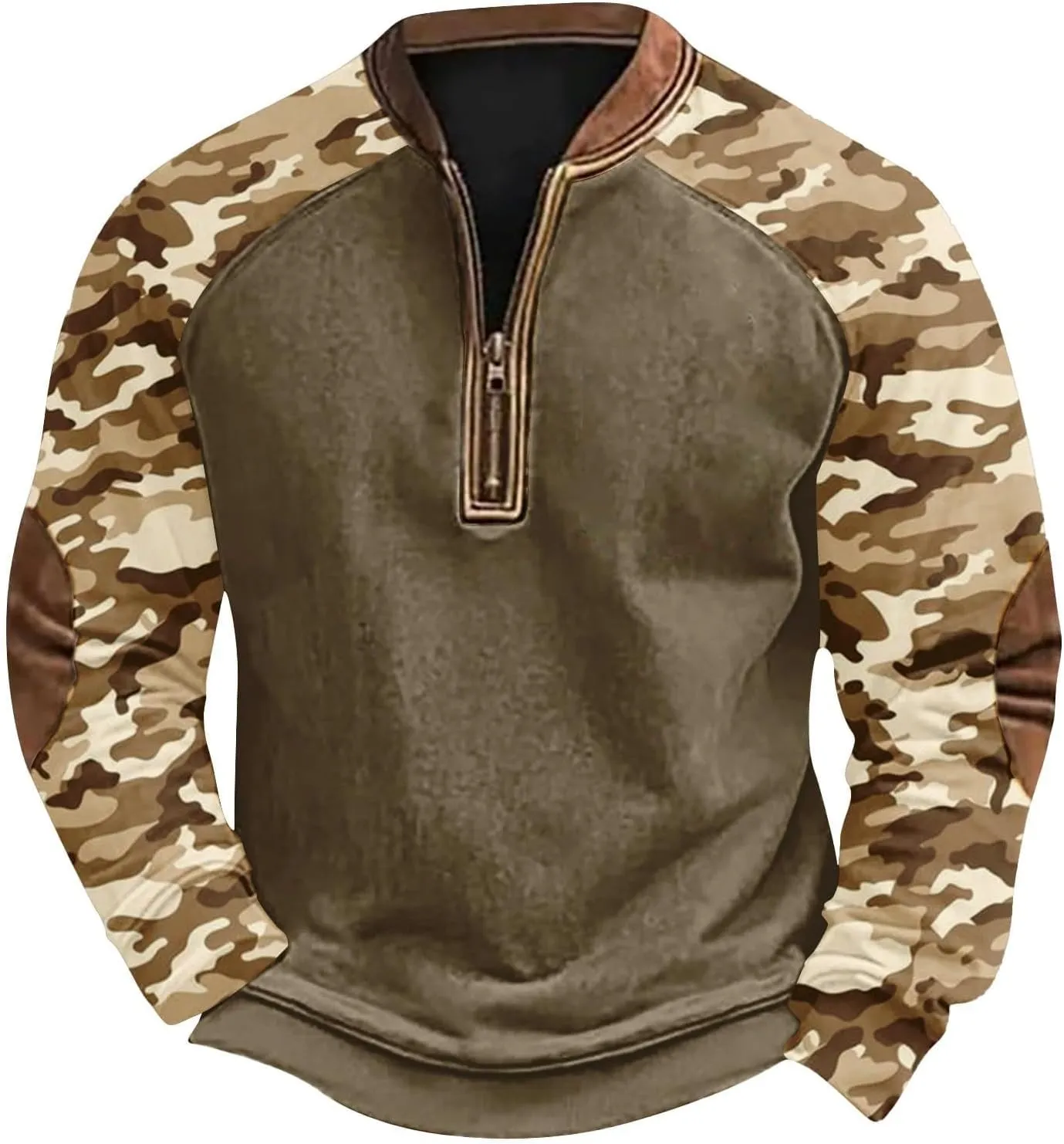 Camo Crewneck Sweatshirt for Men Vintage Quarter Zip Henley Neck Tactical Pullover Long Sleeve Camouflage Sweaters