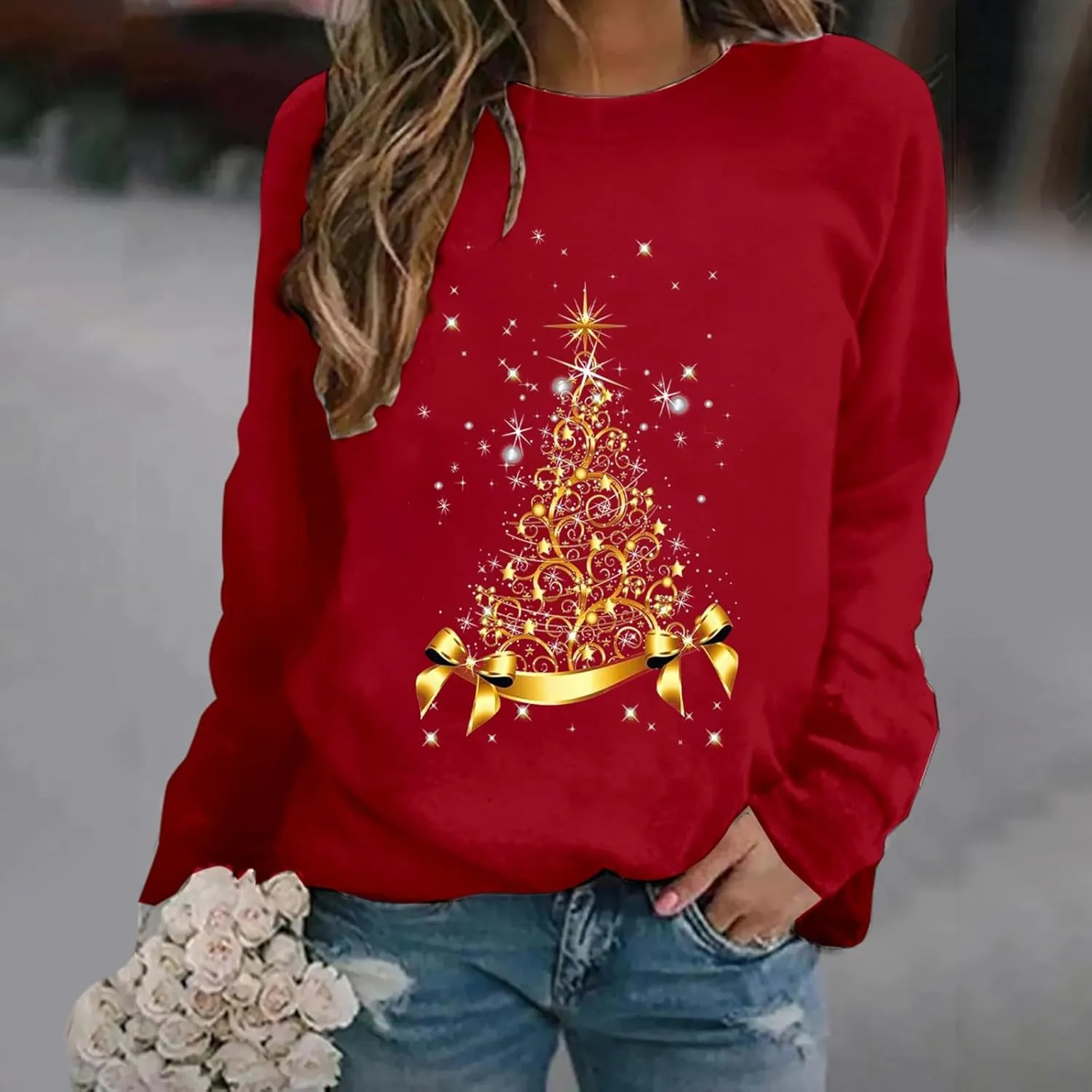 Christmas Sweaters for Women Funny Xmas Tree Graphic Sweatshirts Long Sleeve Holiday Merry Christmas Pullover Tops