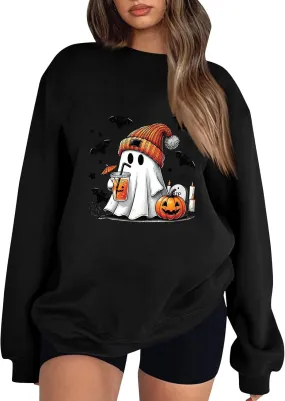 Cute Ghost Halloween Sweatshirts Women Funny Pumpkin Graphic Sweatshirt Spooky Season Party Tops Fall Sweater