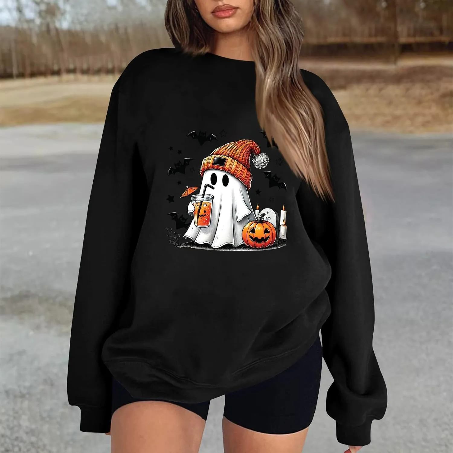 Cute Ghost Halloween Sweatshirts Women Funny Pumpkin Graphic Sweatshirt Spooky Season Party Tops Fall Sweater