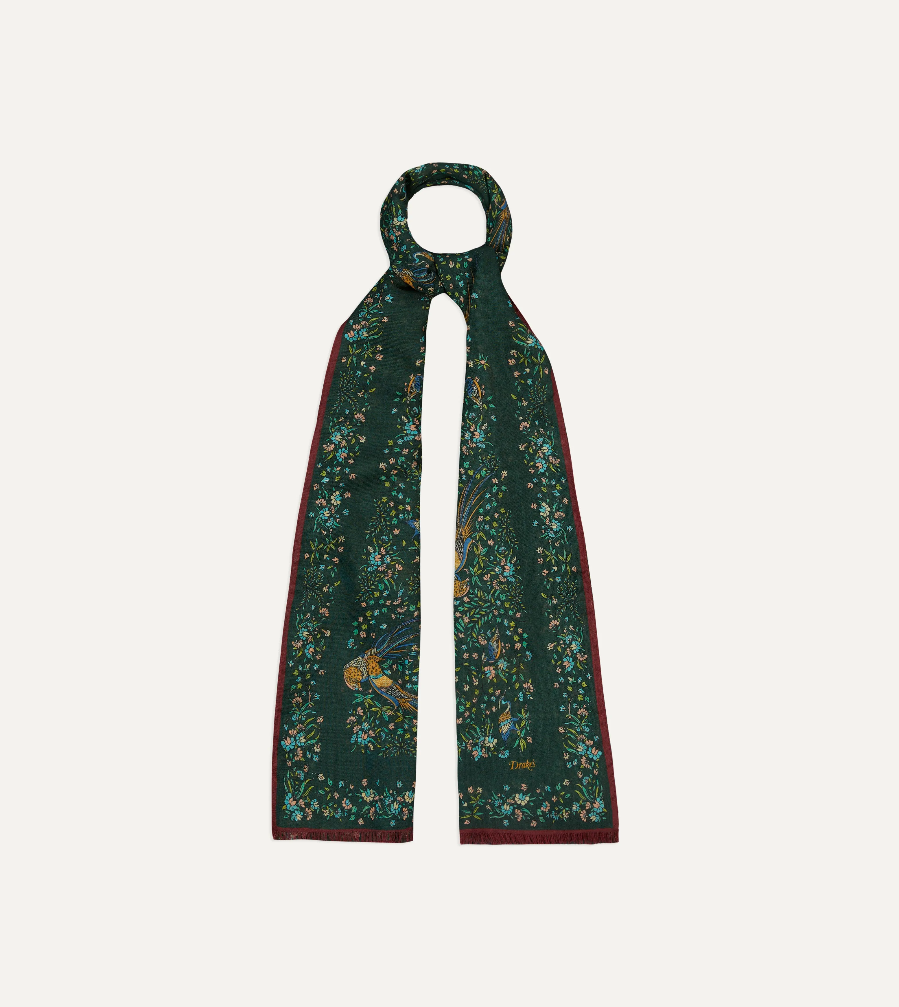 Drake's Floral Birds of Paradise Wool & Silk Scarf / Green