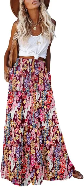 EARKOHA Womens Casual High Waist Tie Paisley Print Long Maxi Skirt with Pockets