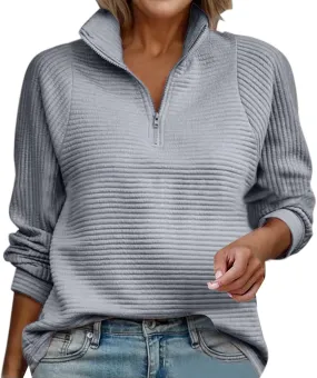 Half Zip Work Sweatshirts for Women Fall Trendy Lightweight Pullover Sweater Solid Color Slim Fit V Neck Pullover Top
