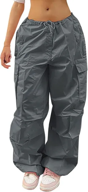 IWEMEK Women Parachute Pants Baggy Cargo Pants with Pockets Drawstring Low Waist Y2K Pants Loose Hip Hop Casual Streetwear