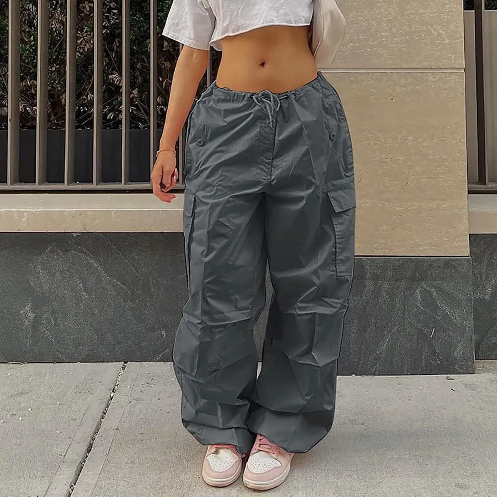 IWEMEK Women Parachute Pants Baggy Cargo Pants with Pockets Drawstring Low Waist Y2K Pants Loose Hip Hop Casual Streetwear