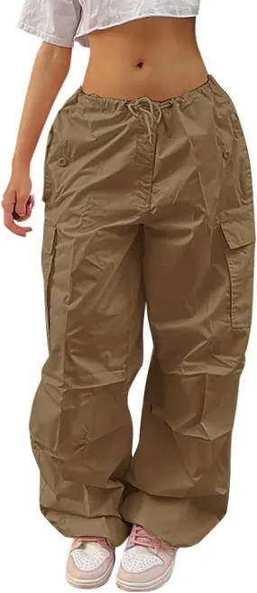 IWEMEK Women Parachute Pants Baggy Cargo Pants with Pockets Drawstring Low Waist Y2K Pants Loose Hip Hop Casual Streetwear