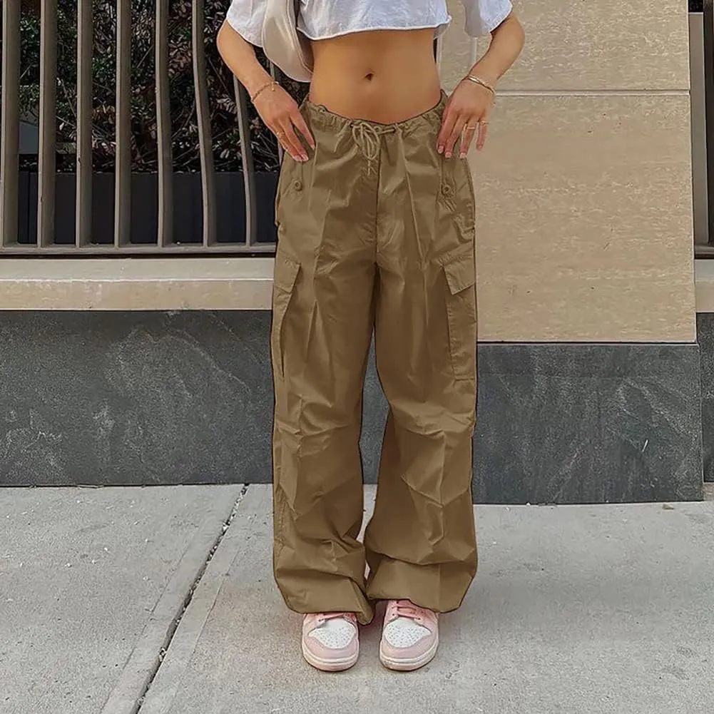 IWEMEK Women Parachute Pants Baggy Cargo Pants with Pockets Drawstring Low Waist Y2K Pants Loose Hip Hop Casual Streetwear