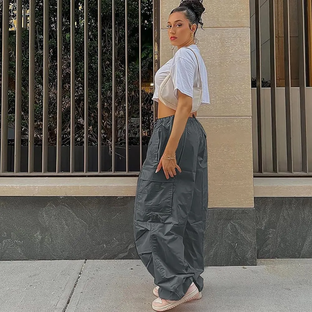 IWEMEK Women Parachute Pants Baggy Cargo Pants with Pockets Drawstring Low Waist Y2K Pants Loose Hip Hop Casual Streetwear