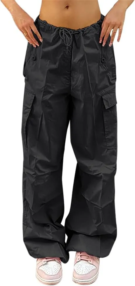 IWEMEK Women Parachute Pants Baggy Cargo Pants with Pockets Drawstring Low Waist Y2K Pants Loose Hip Hop Casual Streetwear