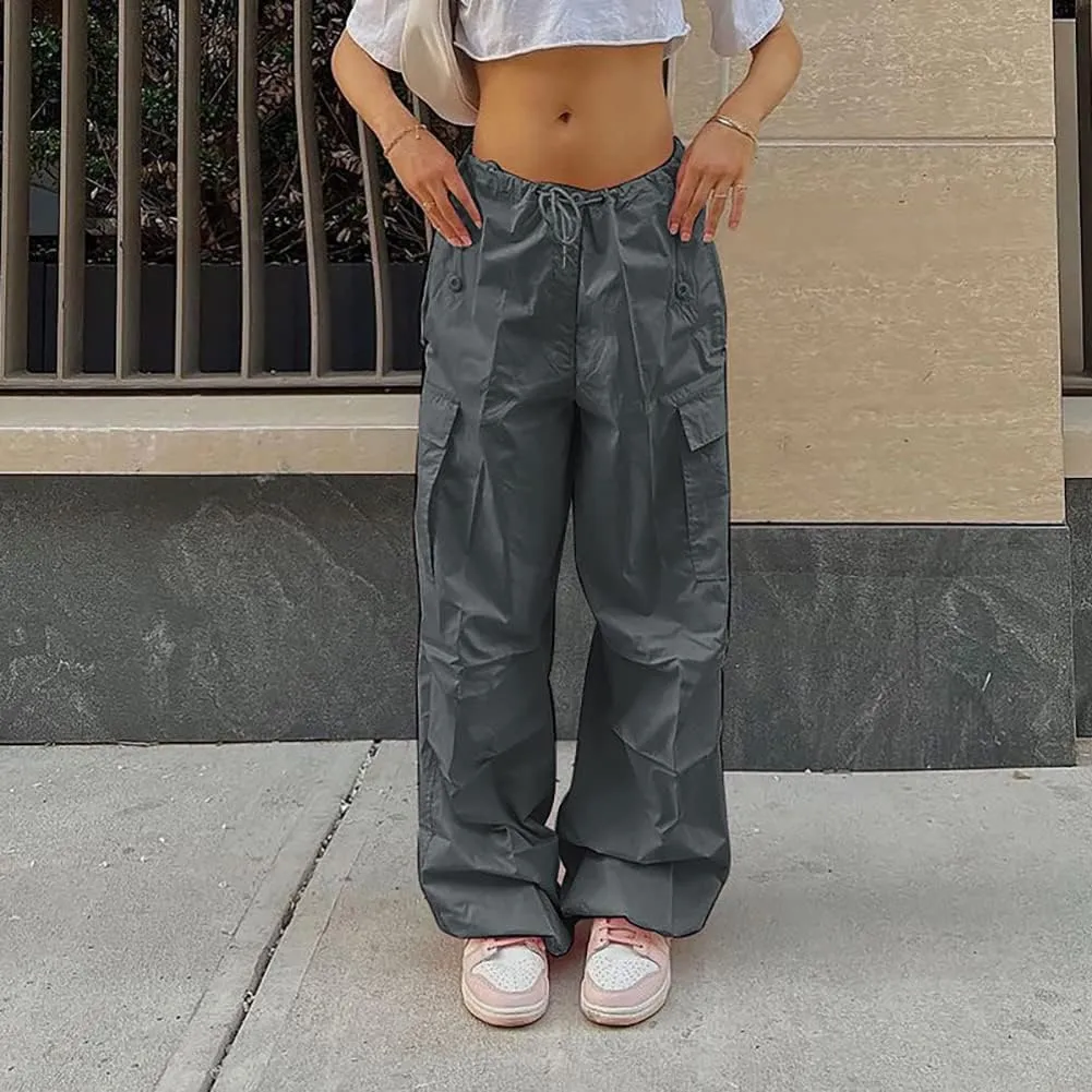 IWEMEK Women Parachute Pants Baggy Cargo Pants with Pockets Drawstring Low Waist Y2K Pants Loose Hip Hop Casual Streetwear