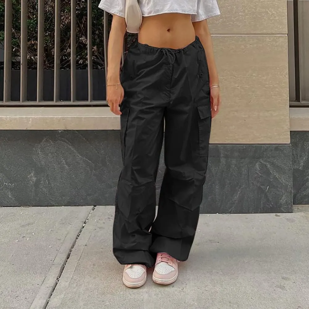 IWEMEK Women Parachute Pants Baggy Cargo Pants with Pockets Drawstring Low Waist Y2K Pants Loose Hip Hop Casual Streetwear