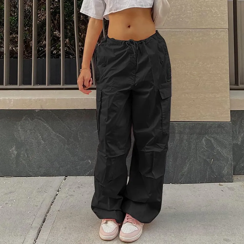 IWEMEK Women Parachute Pants Baggy Cargo Pants with Pockets Drawstring Low Waist Y2K Pants Loose Hip Hop Casual Streetwear