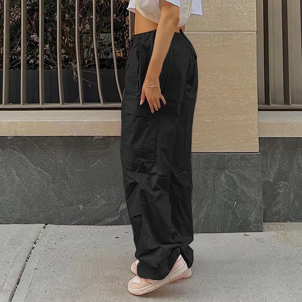IWEMEK Women Parachute Pants Baggy Cargo Pants with Pockets Drawstring Low Waist Y2K Pants Loose Hip Hop Casual Streetwear